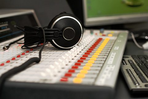Headphones on sound radio mixer
